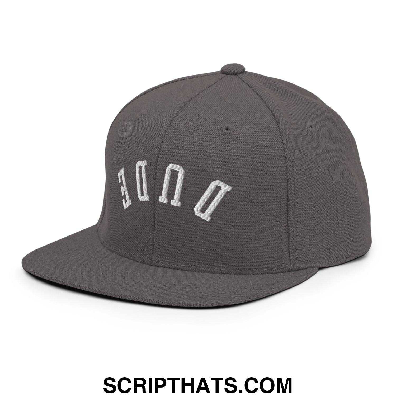 Gray snapback cap with white embroidered dune lettering in an arched design featuring a flat bill brim