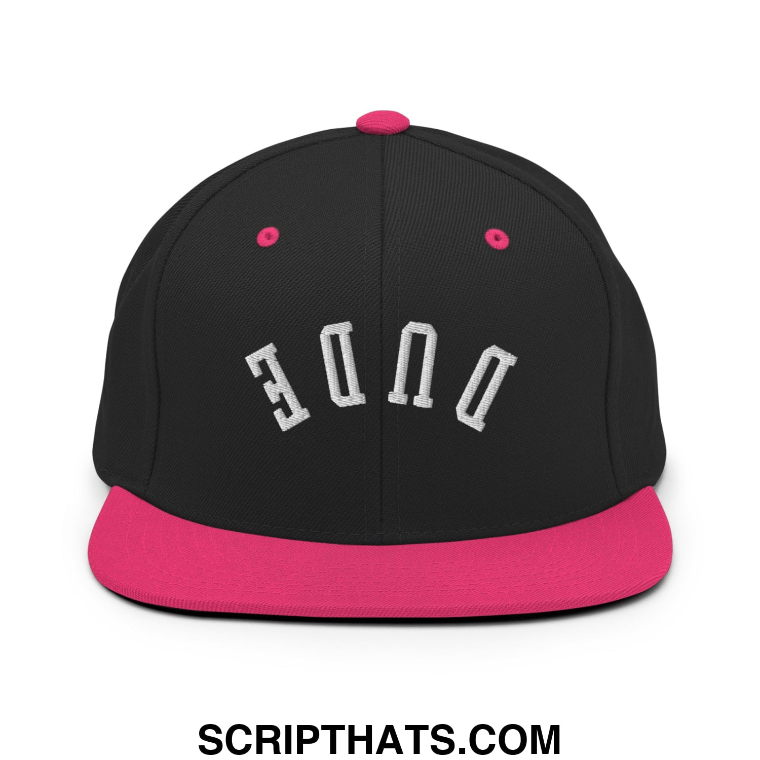 Black snapback cap with vibrant pink brim and button featuring white embroidered done lettering in arched design