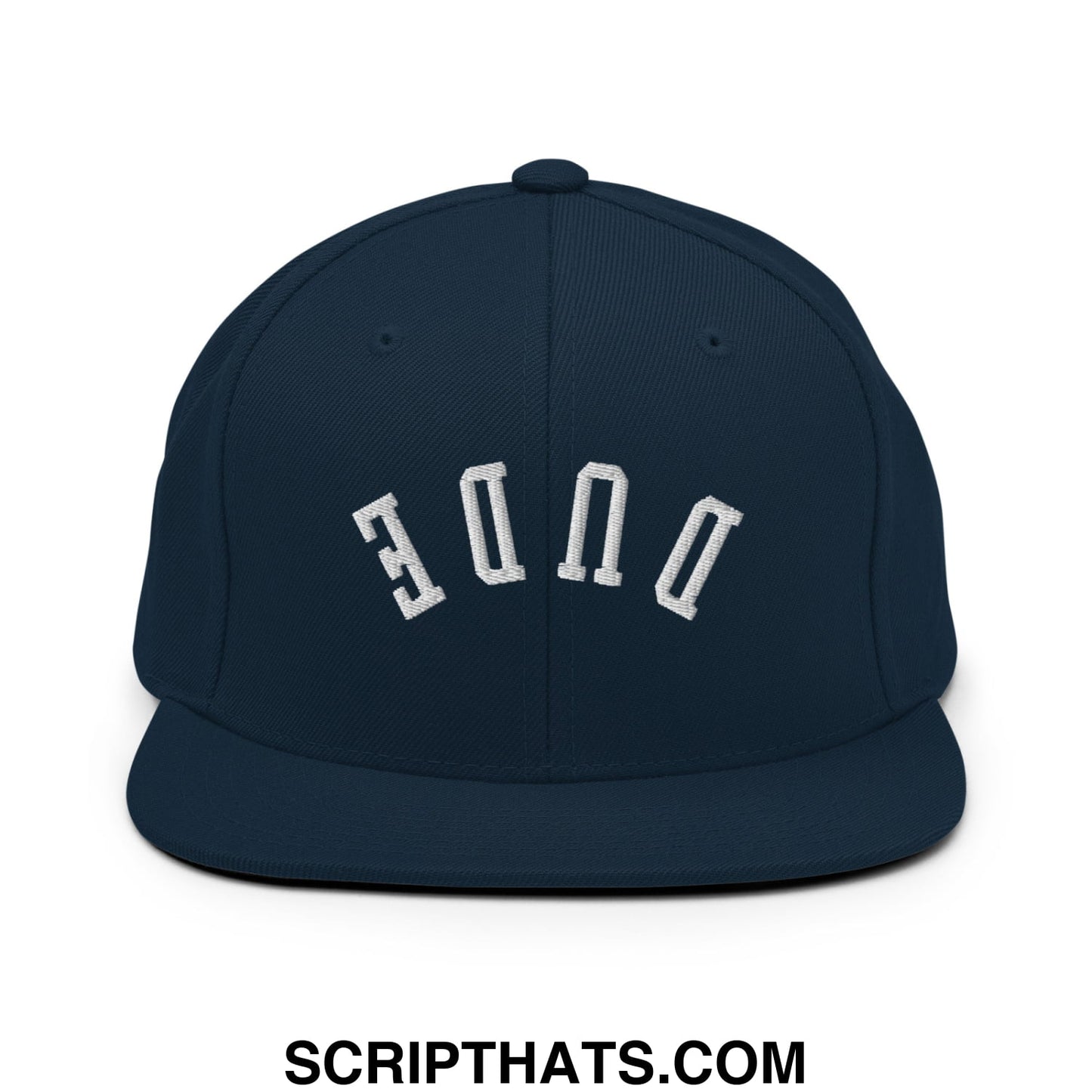 Navy blue snapback cap with white embroidered duke lettering and flat bill brim from Upside Down Dude collection