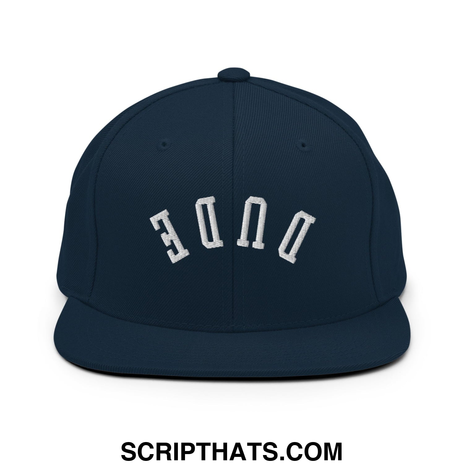 Navy blue snapback cap with white embroidered duke lettering and flat bill brim from Upside Down Dude collection