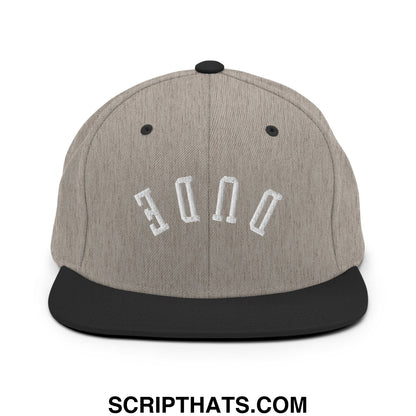 Gray and black snapback hat with white embroidered dude lettering and flat bill brim in upside down style