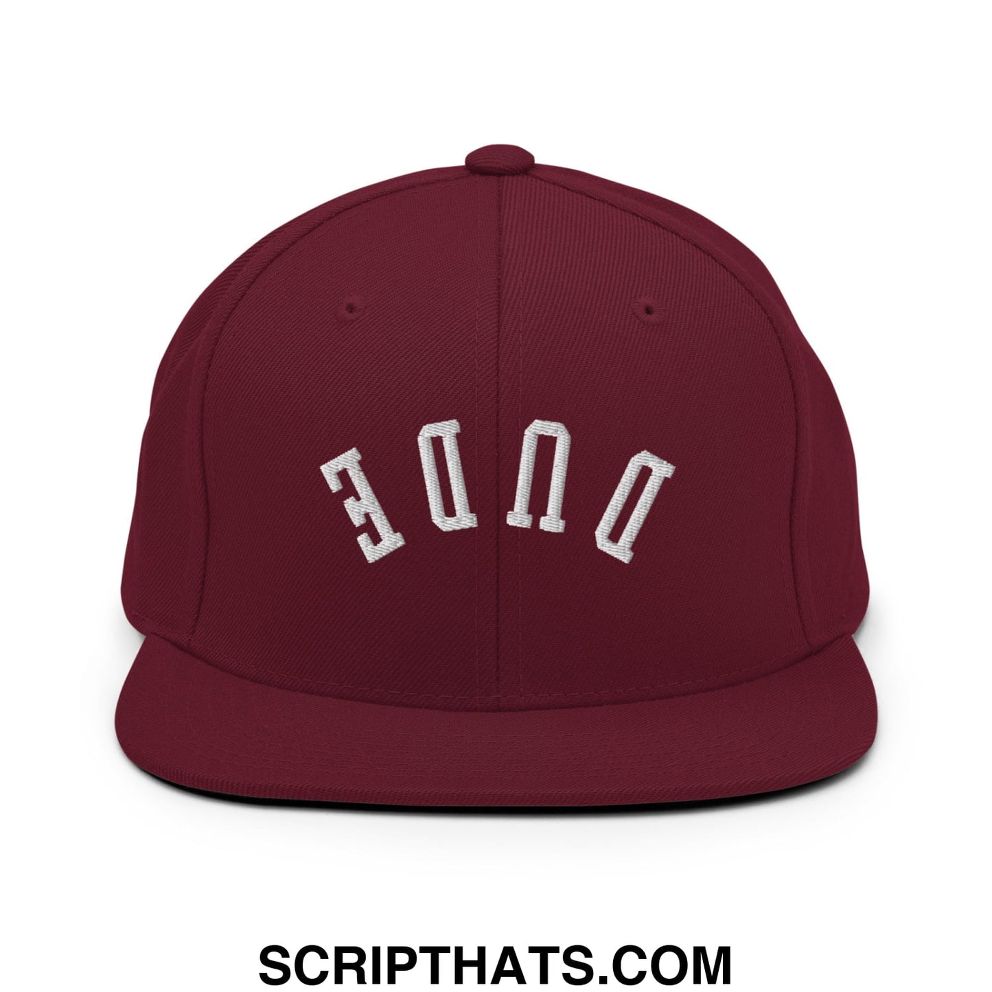 Maroon Upside Down Dude embroidered flat bill brim snapback hat with white arched done embroidery on front