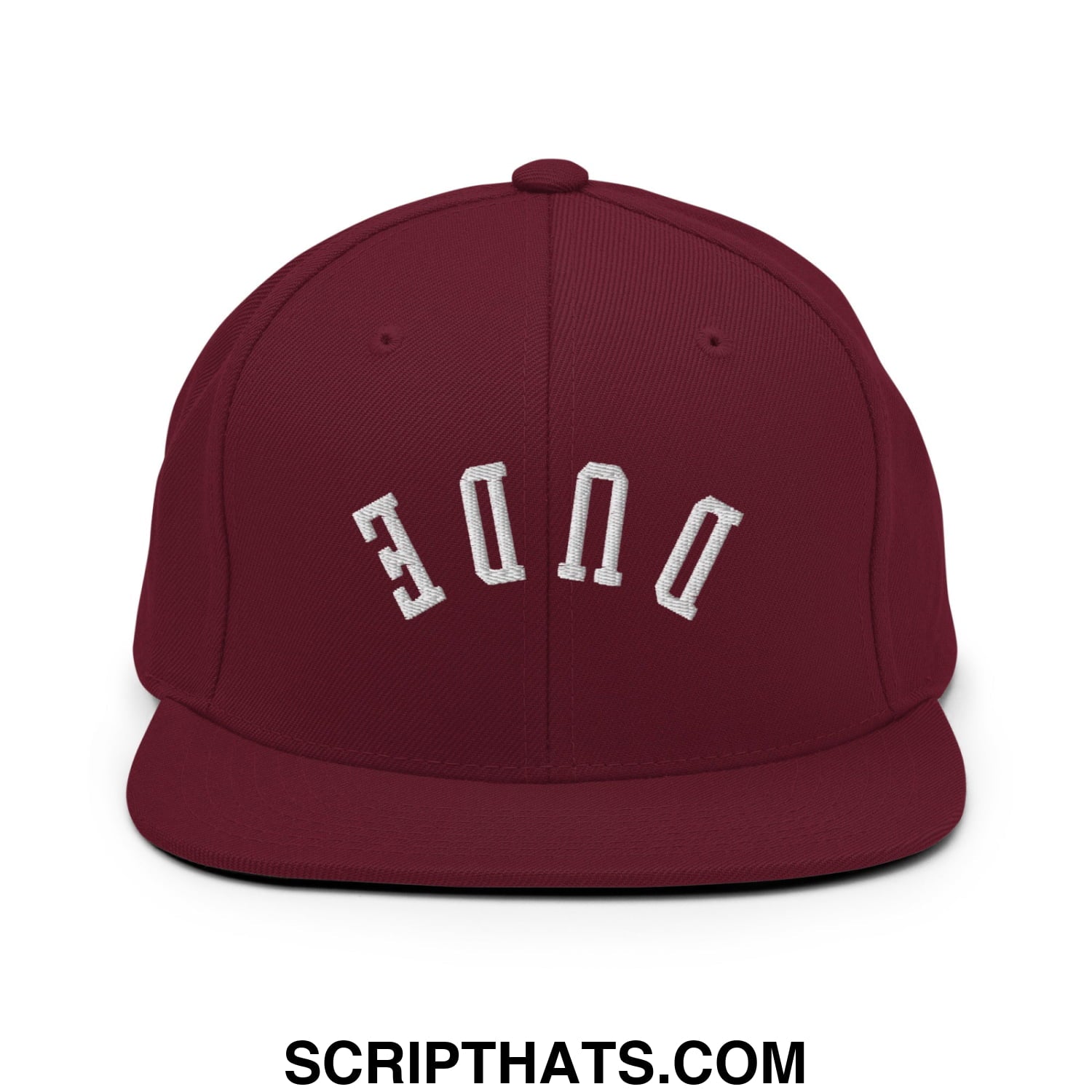Maroon Upside Down Dude embroidered flat bill brim snapback hat with white arched done embroidery on front