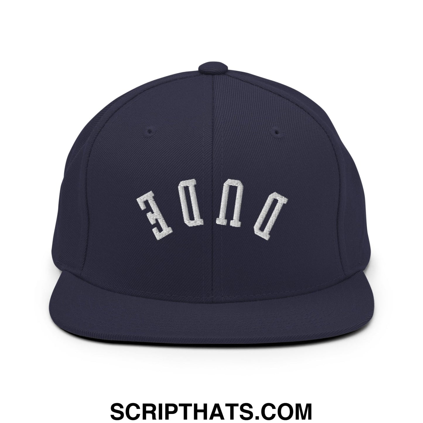 Navy blue snapback hat with white embroidered dude lettering in a classic arched design and flat bill brim