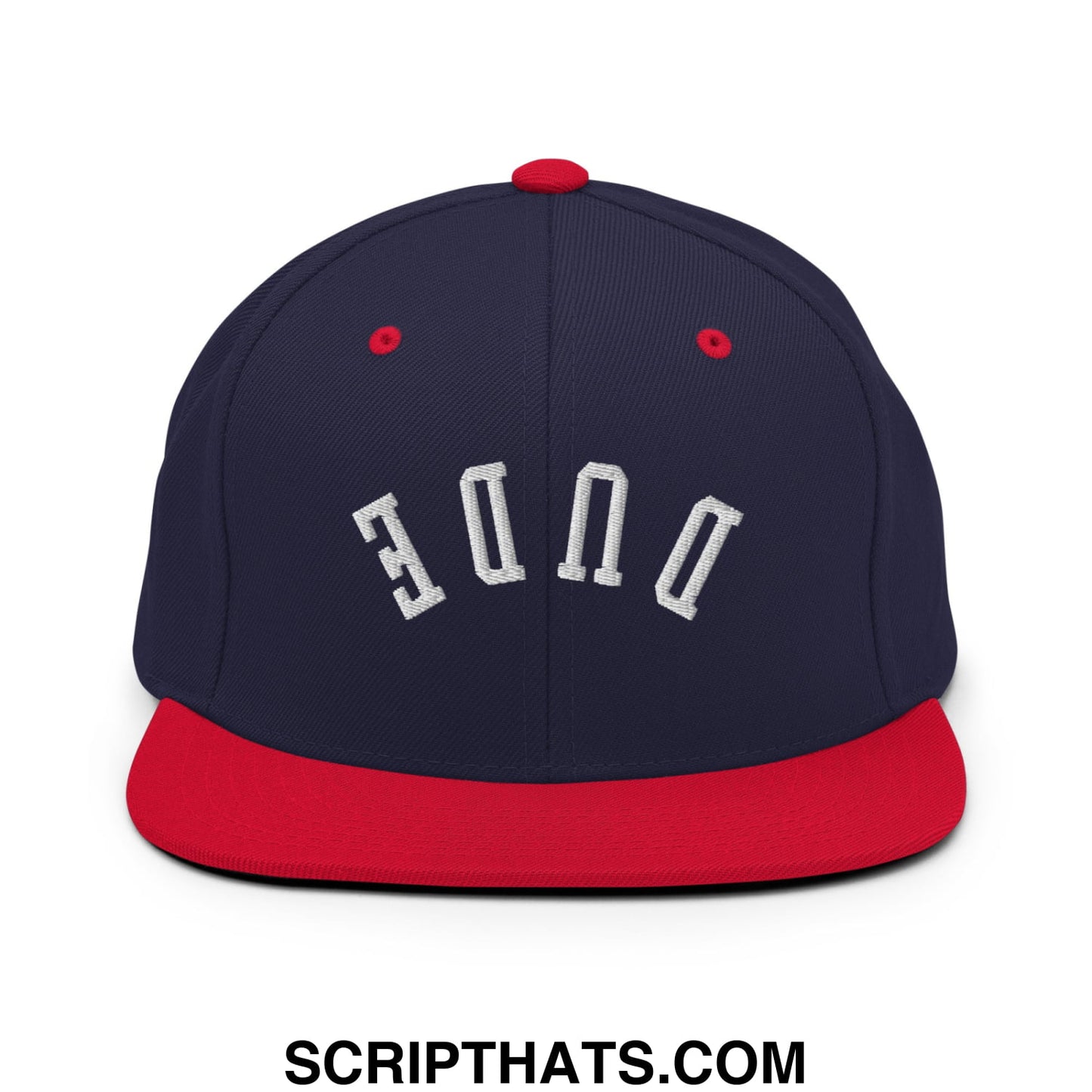 Navy blue and red snapback hat with flat bill brim and white embroidered duke lettering on the front panel