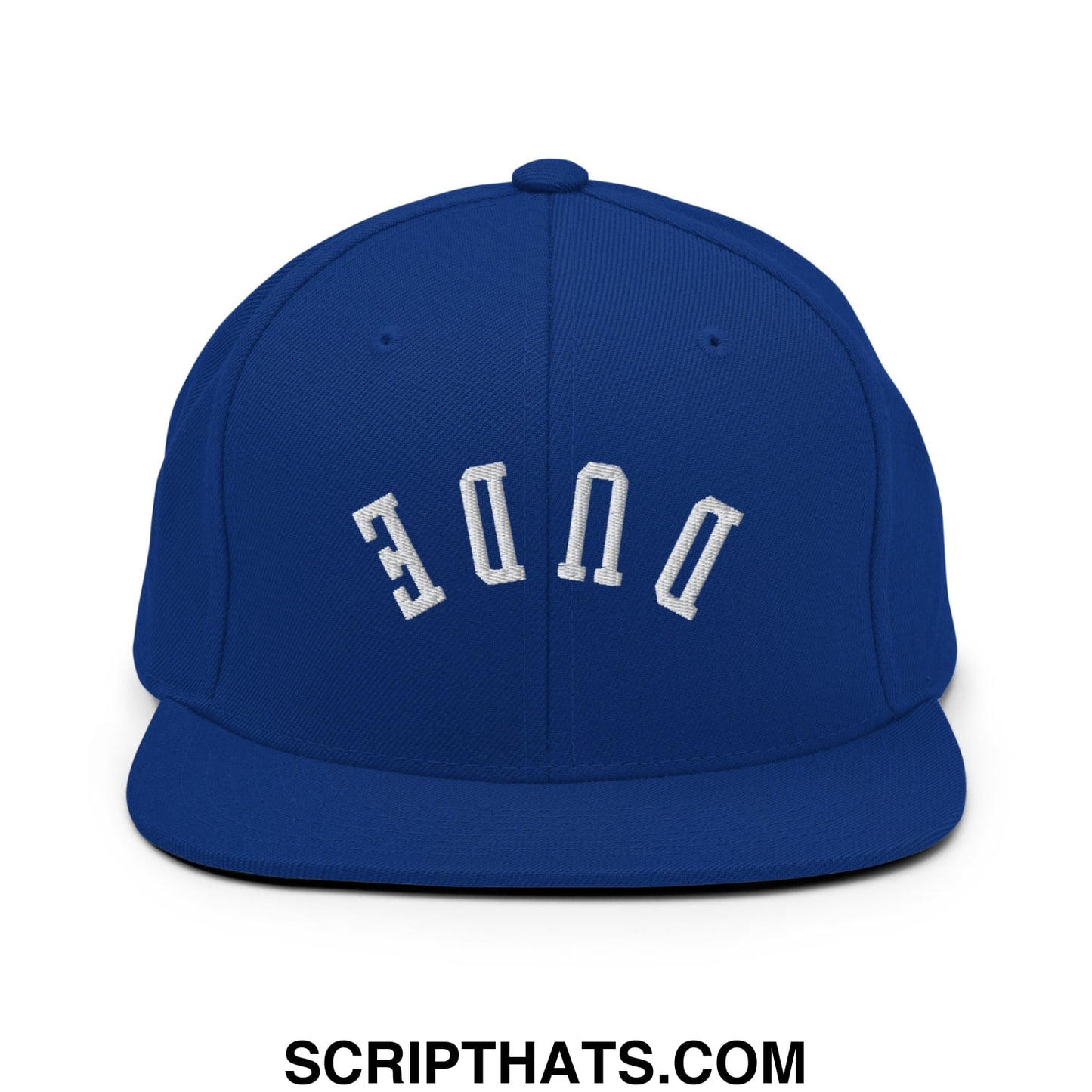 Royal blue snapback cap with white embroidered duke lettering in an arched design flat bill brim hat