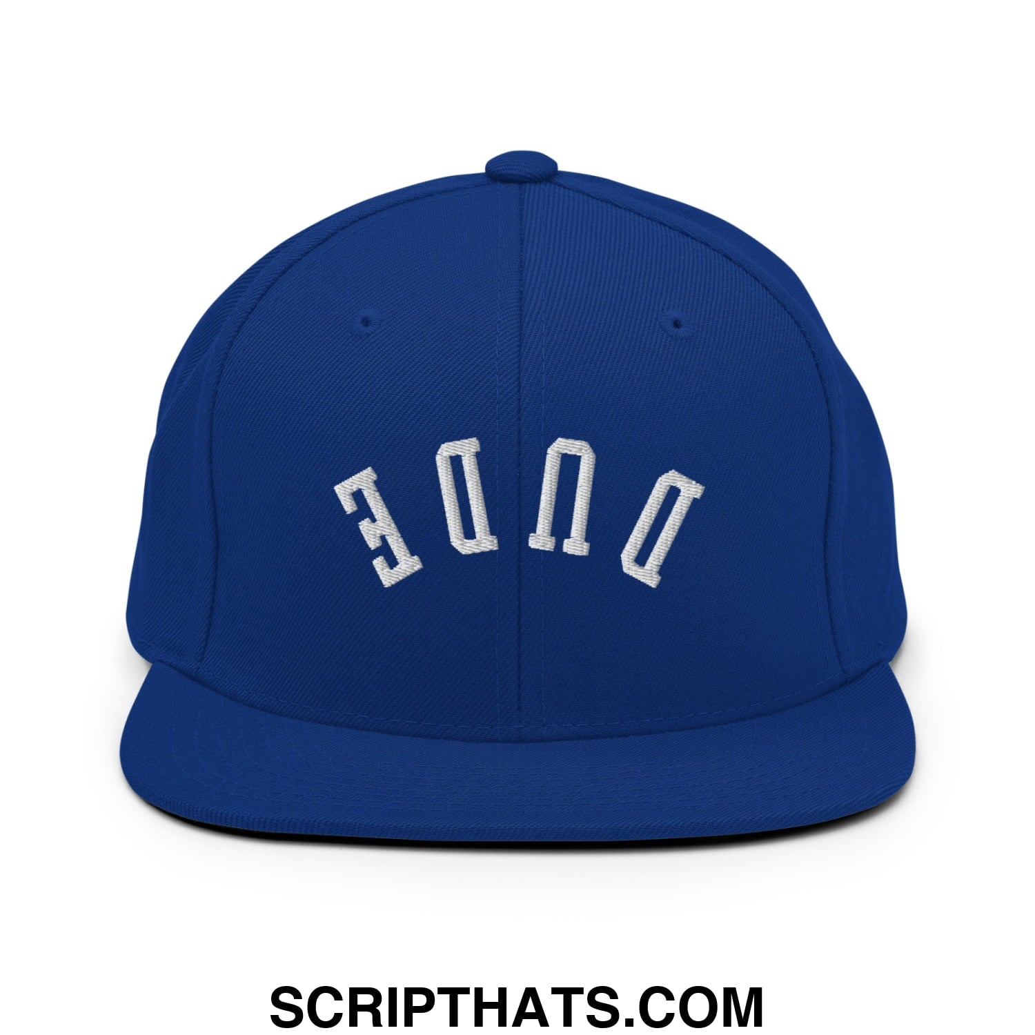Royal blue snapback cap with white embroidered duke lettering in an arched design flat bill brim hat
