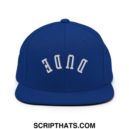 Royal blue snapback cap with white embroidered duke lettering in an arched design flat bill brim hat