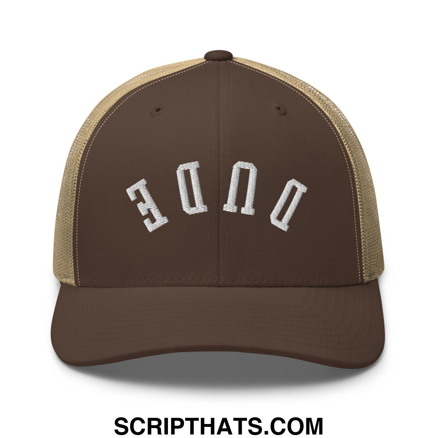 Brown and tan mesh trucker hat with white embroidered dune lettering from the upside down dude collection