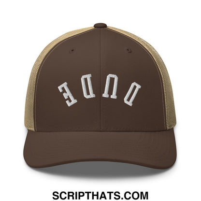 Brown and tan mesh trucker hat with white embroidered dune lettering from the upside down dude collection
