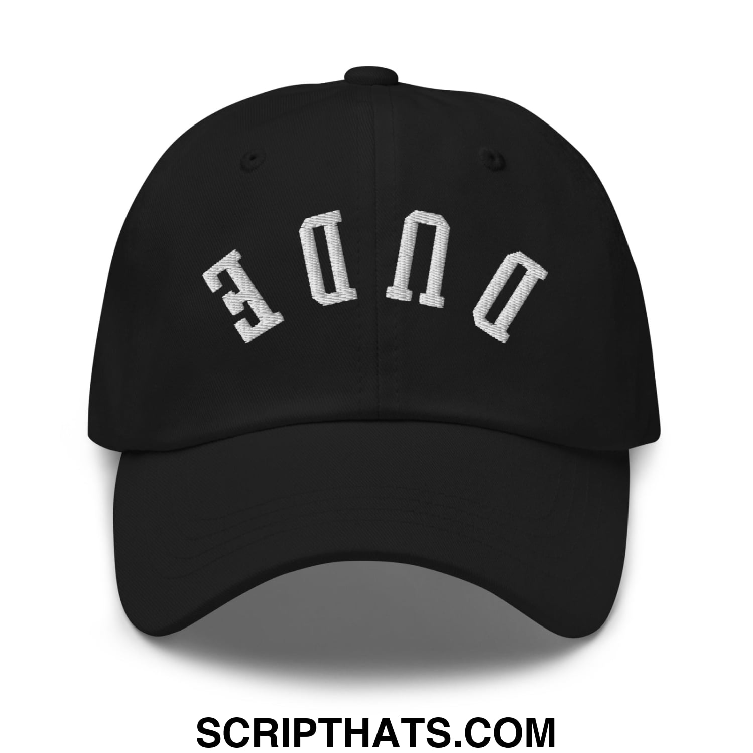 Black unstructured dad hat with white embroidered arched duke lettering upside down dude embroidered design