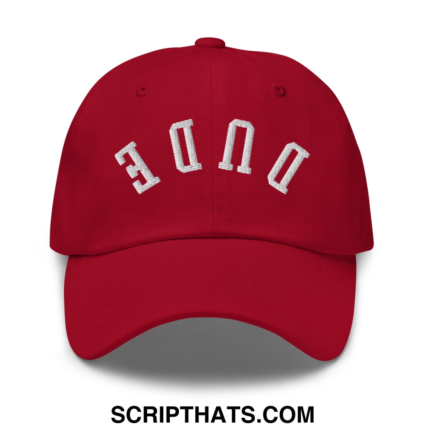 Red unstructured dad hat with white embroidered duke lettering in an arched design from upside down dude collection