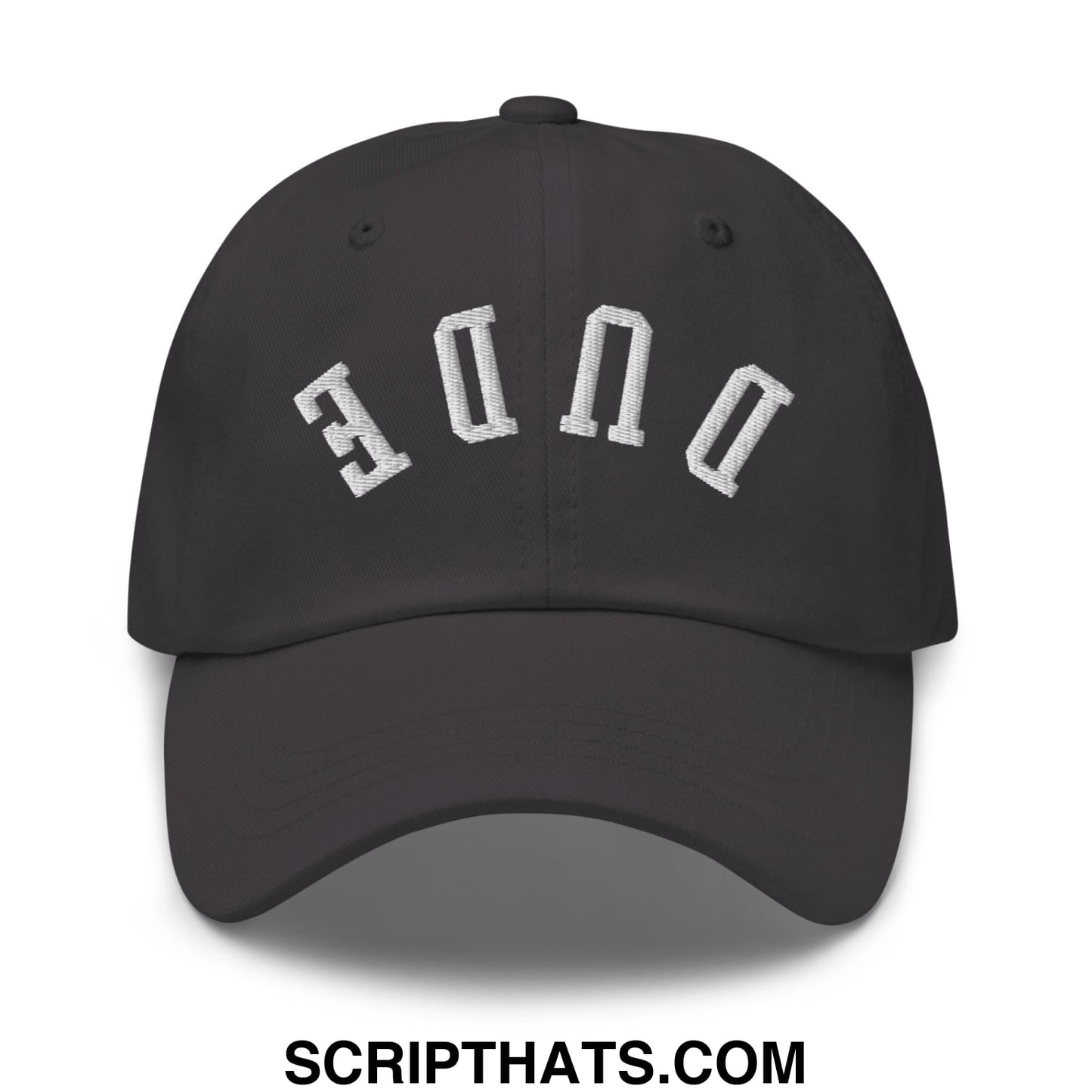 Black upside down dude embroidered unstructured dad hat with white duke lettering in an arched design