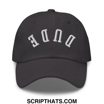 Black upside down dude embroidered unstructured dad hat with white duke lettering in an arched design