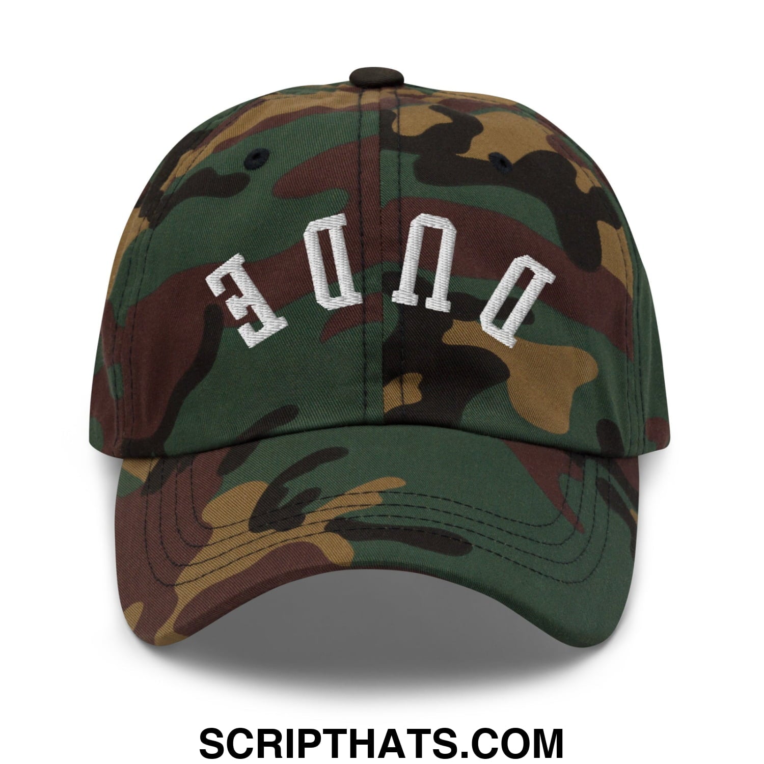 Camouflage unstructured dad hat with white embroidered dune lettering upside down dude design