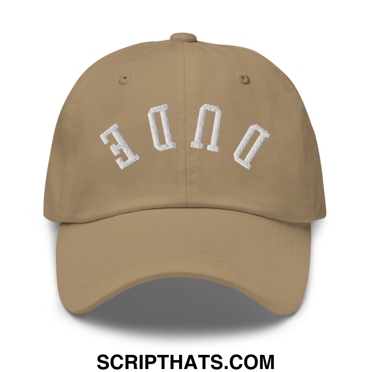 Tan unstructured dad hat with white embroidered done arch design in Upside Down Dude Embroidered style
