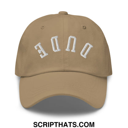 Tan unstructured dad hat with white embroidered done arch design in Upside Down Dude Embroidered style