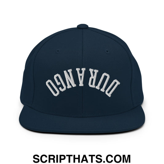 Navy blue snapback hat with white embroidered durango lettering and flat bill brim in upside down design