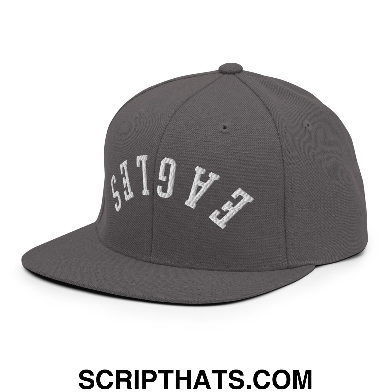 Gray snapback hat with white embroidered eagles lettering in an arched design and flat bill brim