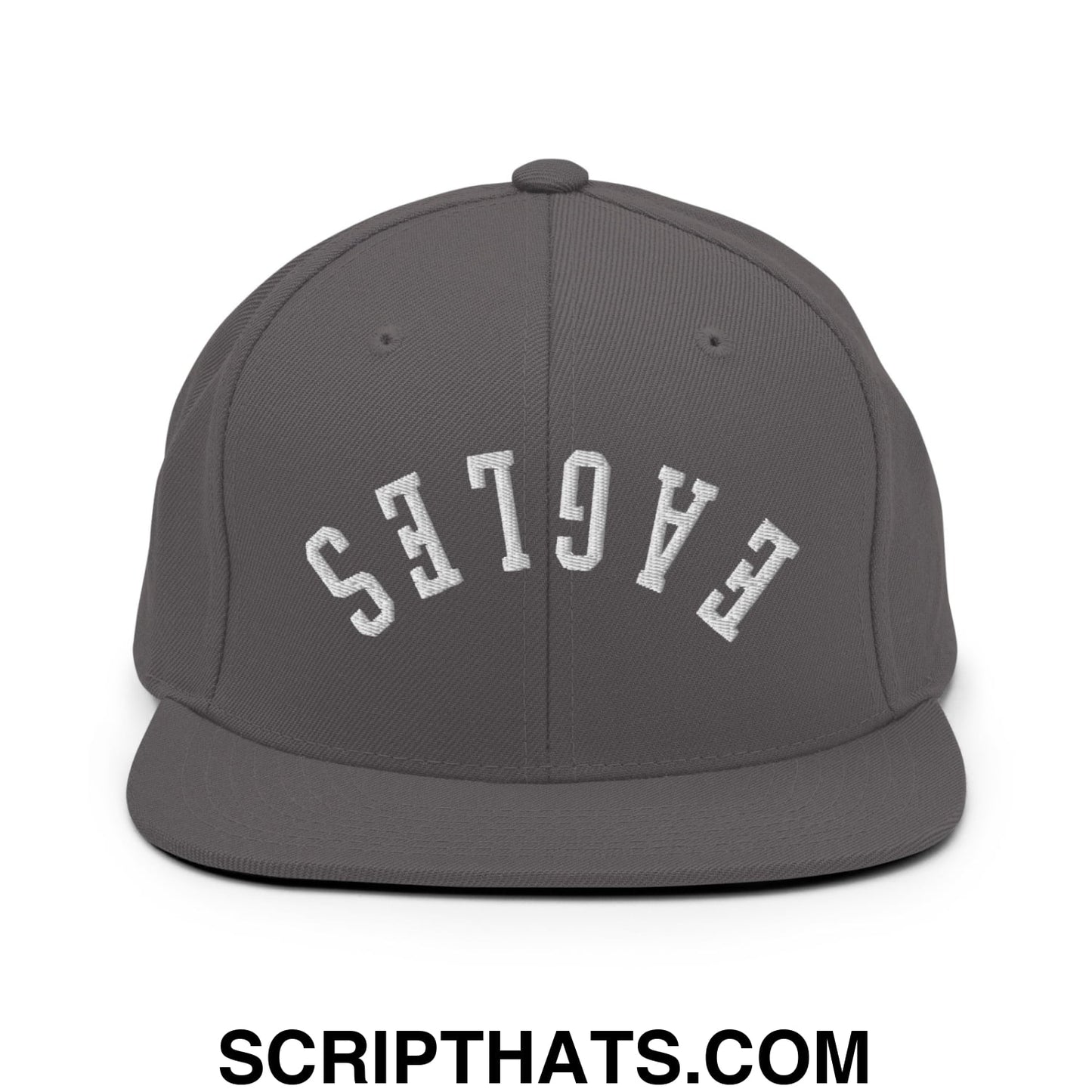 Gray snapback cap with white embroidered eagles lettering in an arched design and a flat bill brim