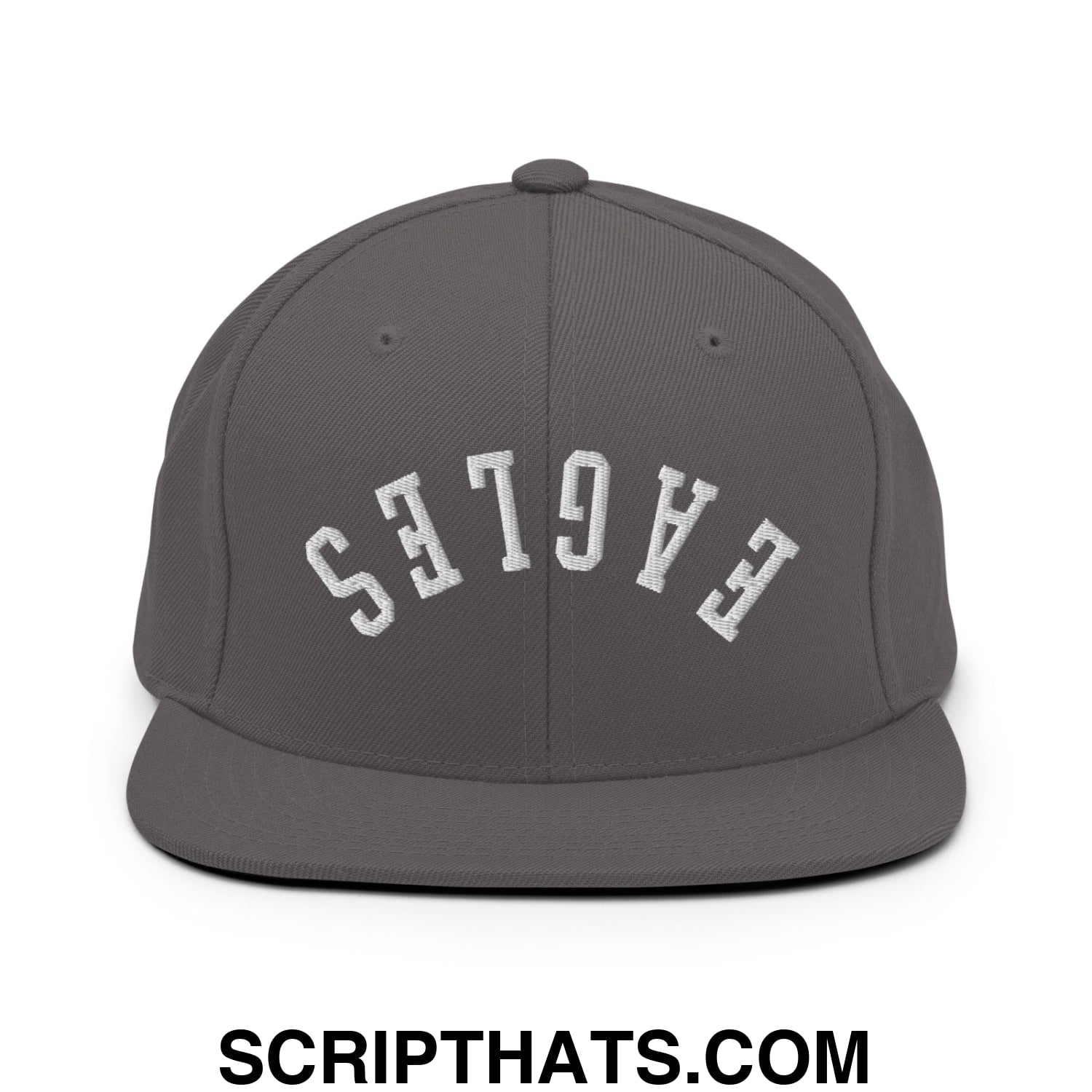 Gray snapback cap with white embroidered eagles lettering in an arched design and a flat bill brim
