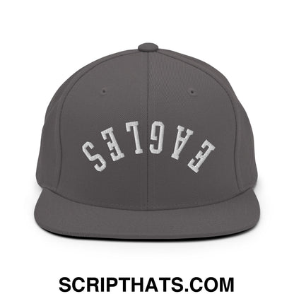 Gray snapback cap with white embroidered eagles lettering in an arched design and a flat bill brim