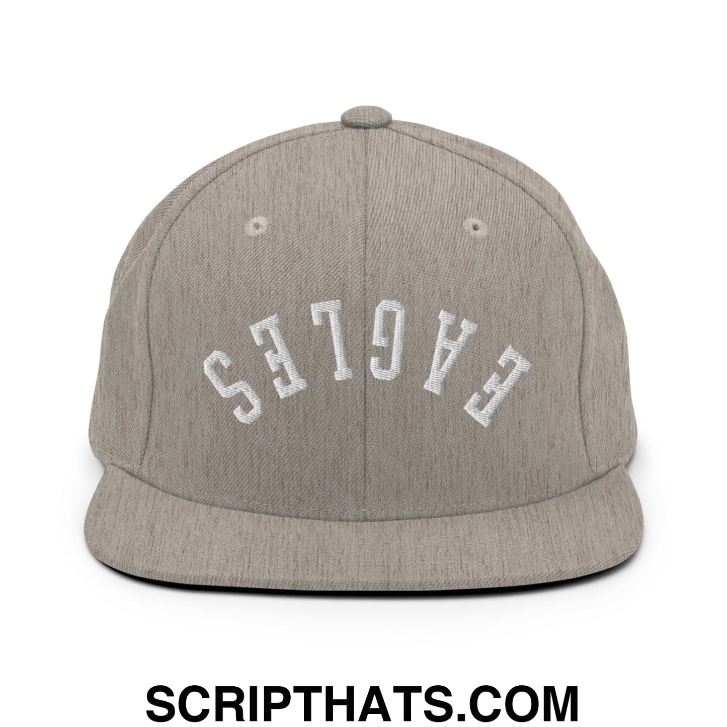 Gray heathered snapback cap with white embroidered eagles lettering and flat bill brim for casual wear