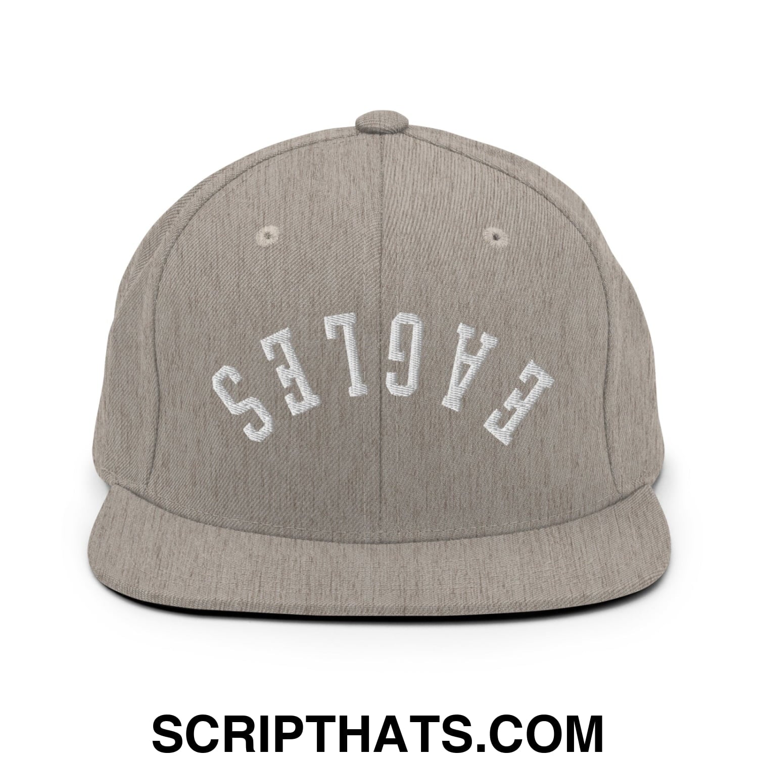 Gray heathered snapback cap with white embroidered eagles lettering and flat bill brim for casual wear