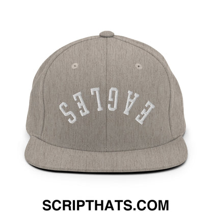 Gray heathered snapback cap with white embroidered eagles lettering and flat bill brim for casual wear