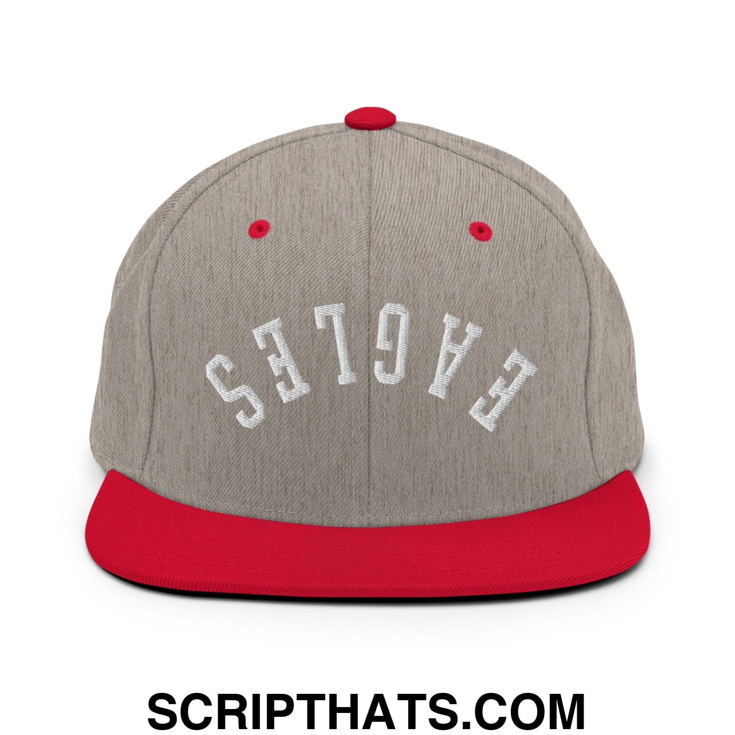 Gray and red snapback cap with white embroidered eagles lettering featuring a flat bill brim design