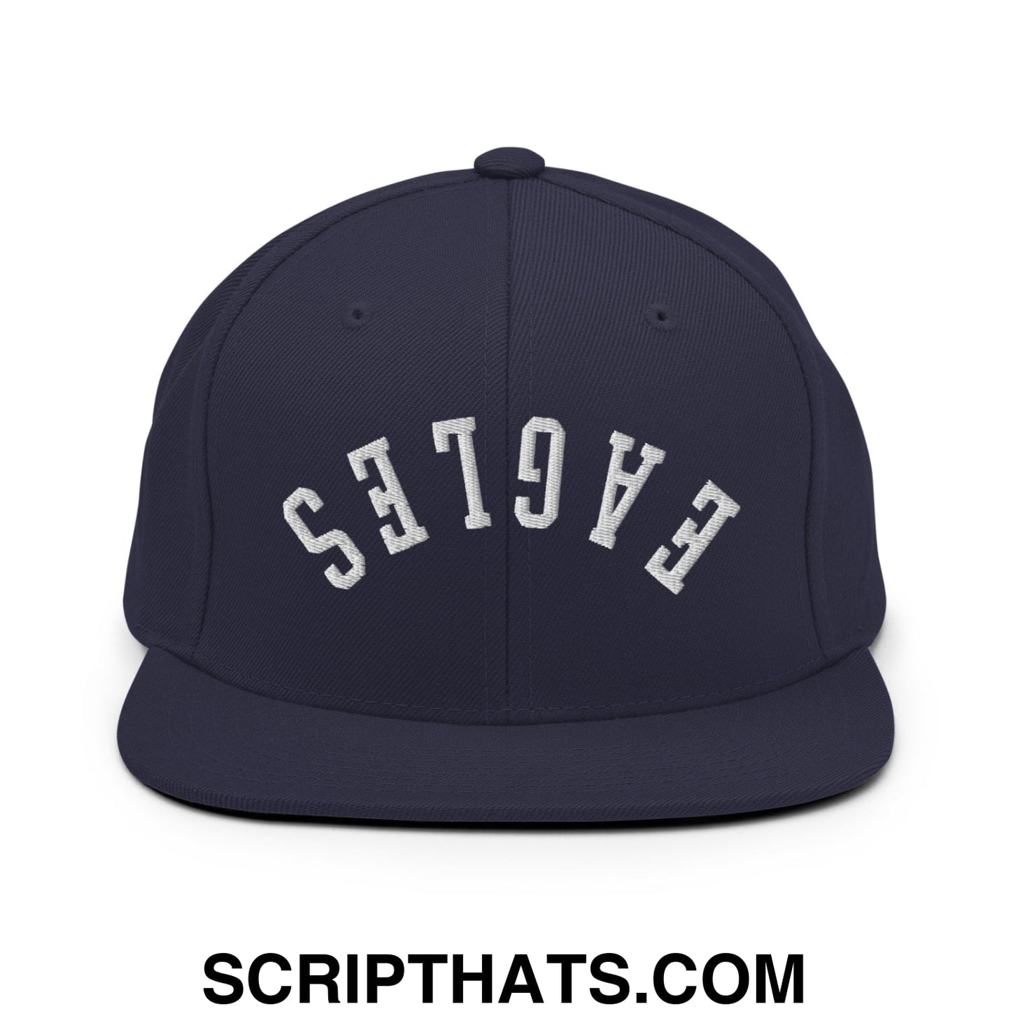 Navy blue snapback hat with white embroidered eagles lettering and flat bill brim for casual wear