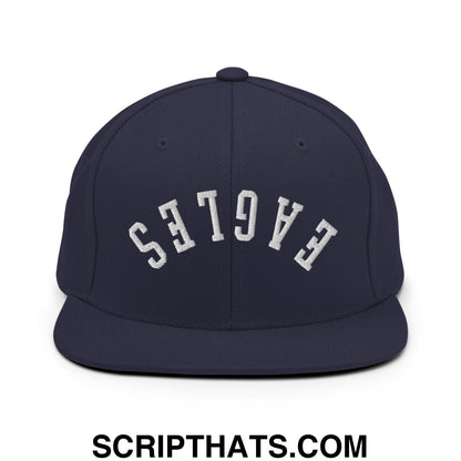 Navy blue snapback hat with white embroidered eagles lettering and flat bill brim for casual wear