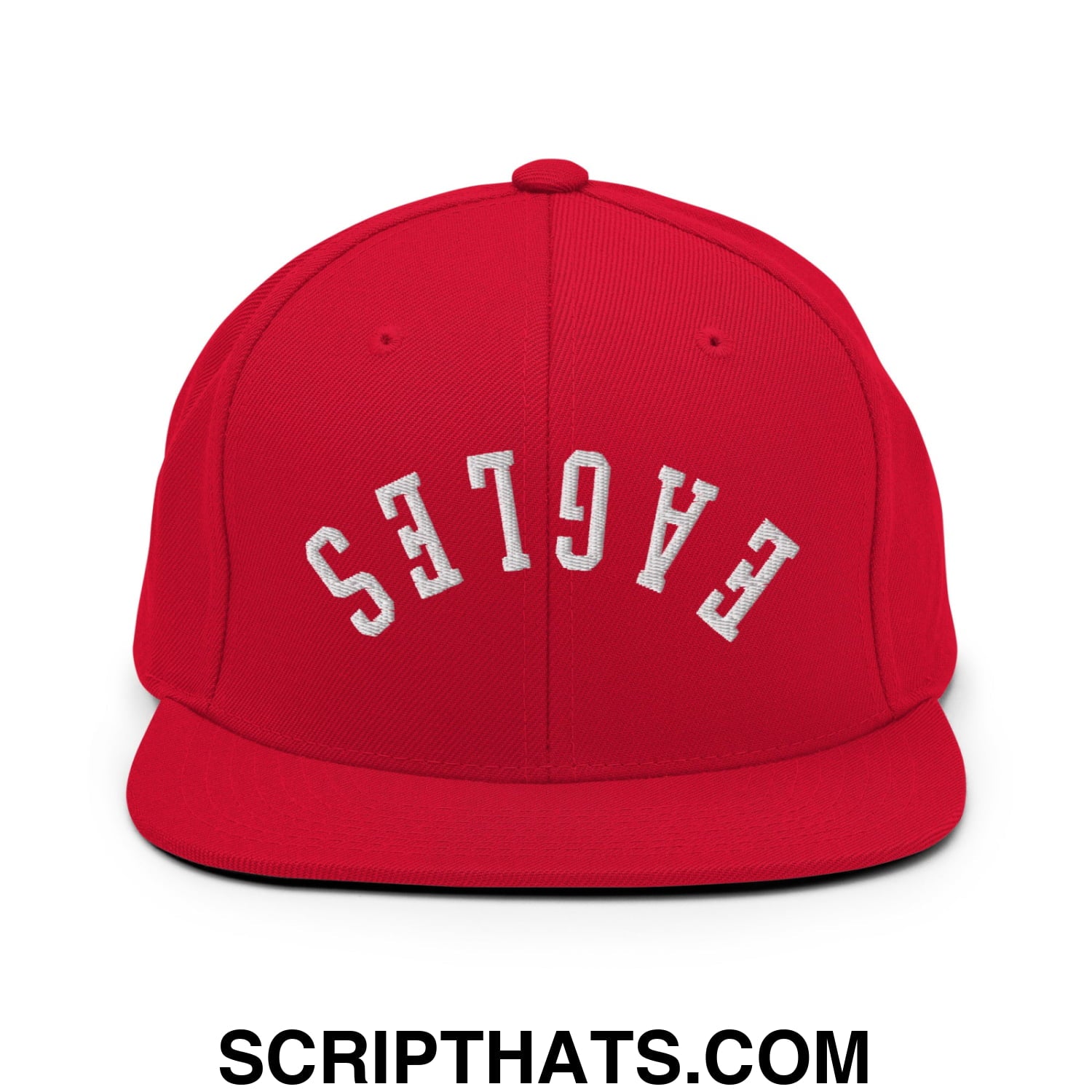 Red snapback hat with white embroidered eagles lettering and flat bill brim in an upside down design