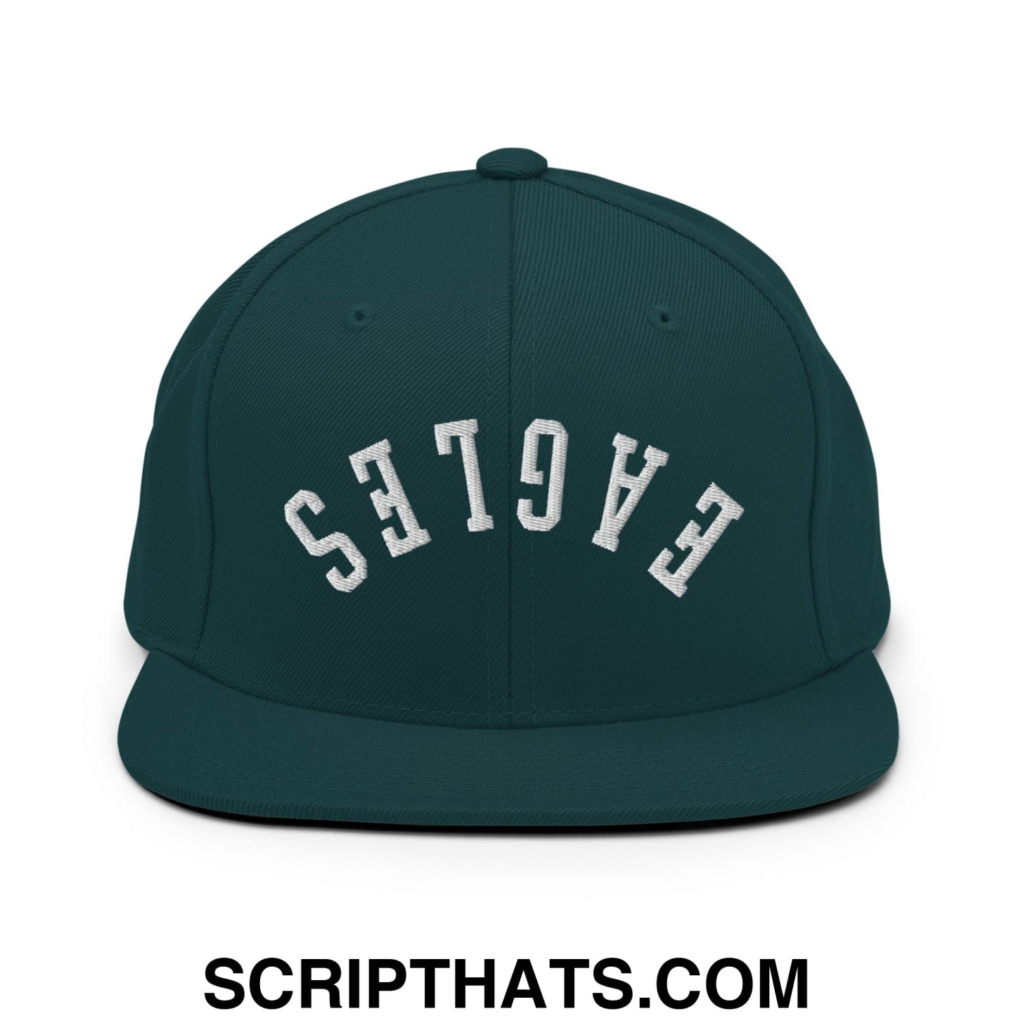 Dark green snapback hat with white embroidered eagles lettering in an arched design and flat bill brim
