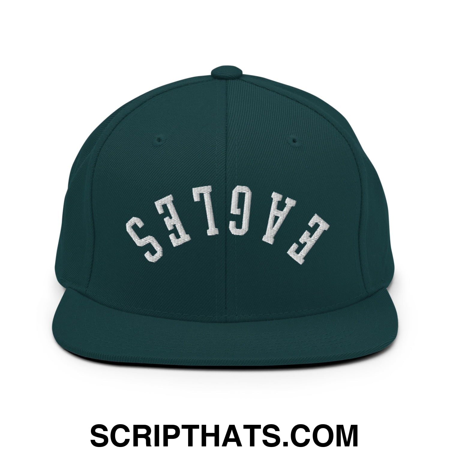 Dark green snapback hat with white embroidered eagles lettering in an arched design and flat bill brim