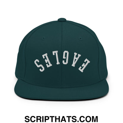 Dark green snapback hat with white embroidered eagles lettering in an arched design and flat bill brim