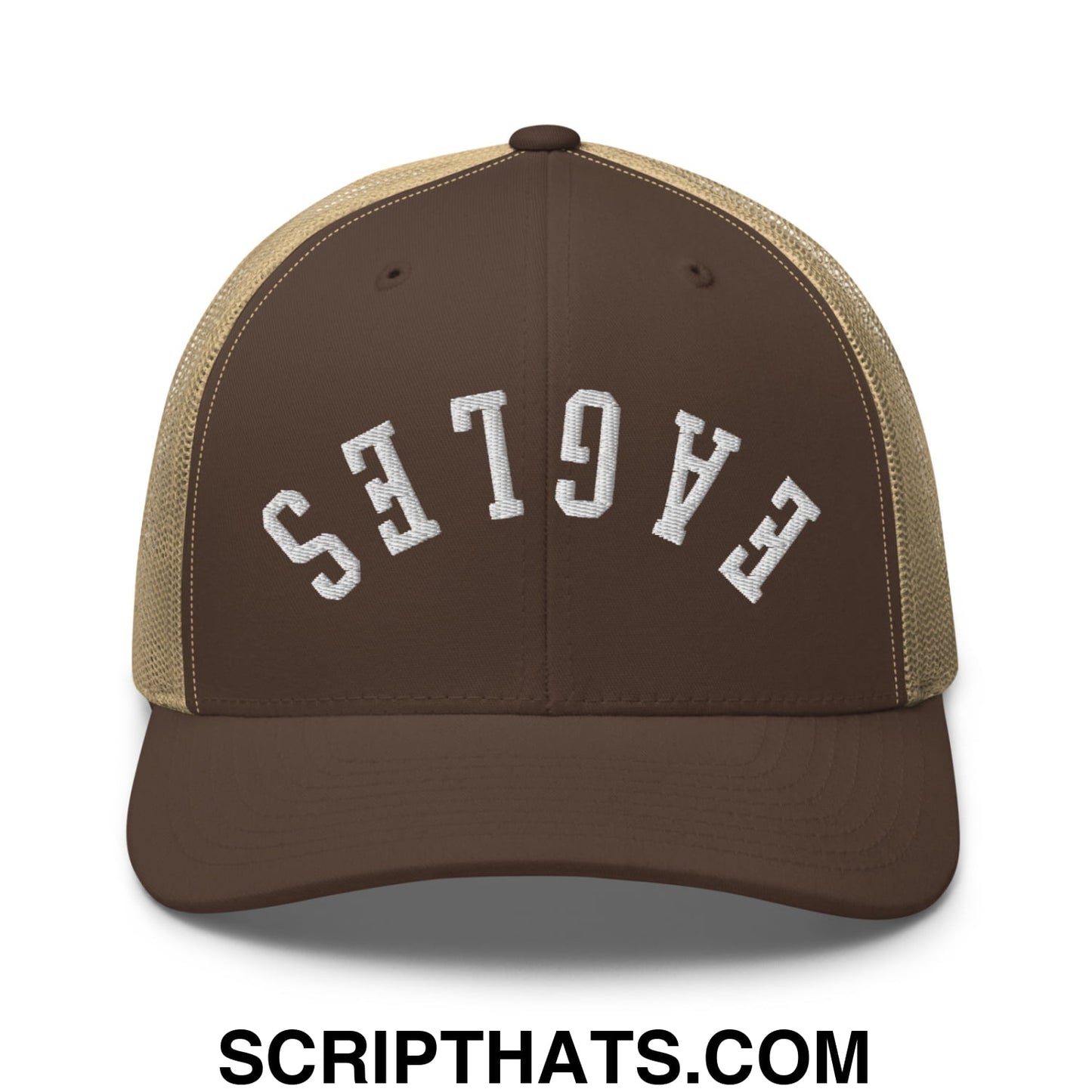 Brown and tan mesh trucker hat with eagles embroidered in white arched lettering on the front panel