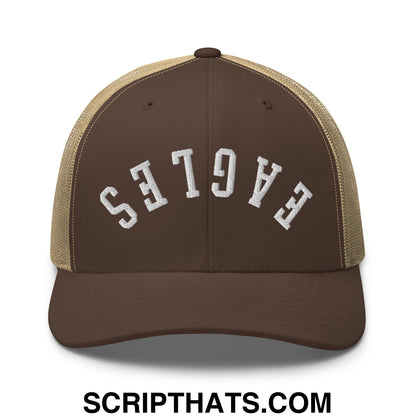 Brown and tan mesh trucker hat with eagles embroidered in white arched lettering on the front panel