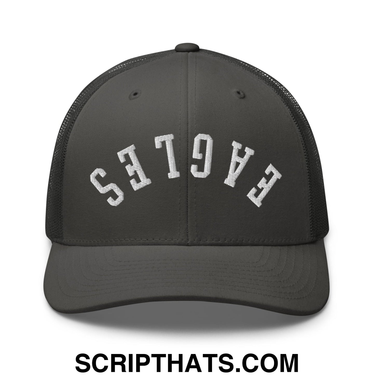 Dark gray mesh trucker hat with white arched eagles embroidery on the front from upside down eagles collection
