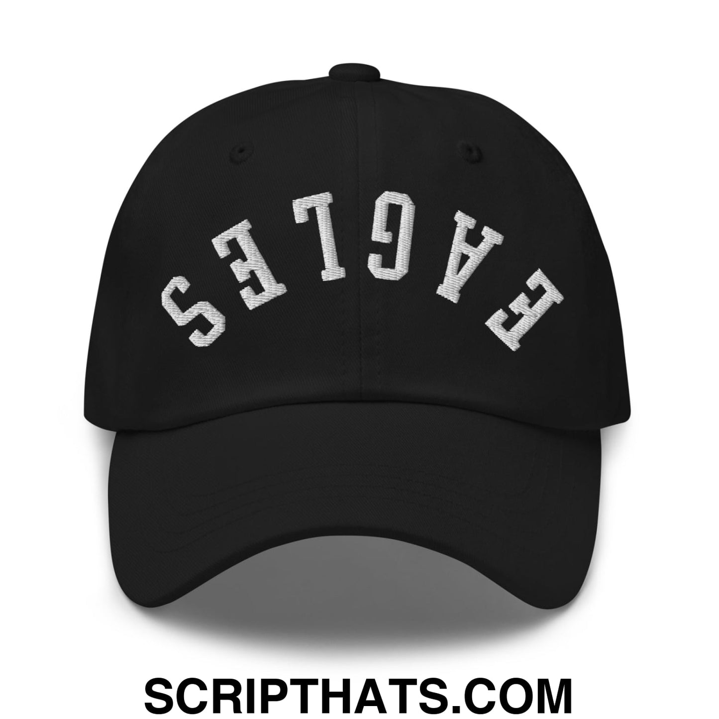 Black unstructured dad hat with white embroidered eagles lettering in an arched design