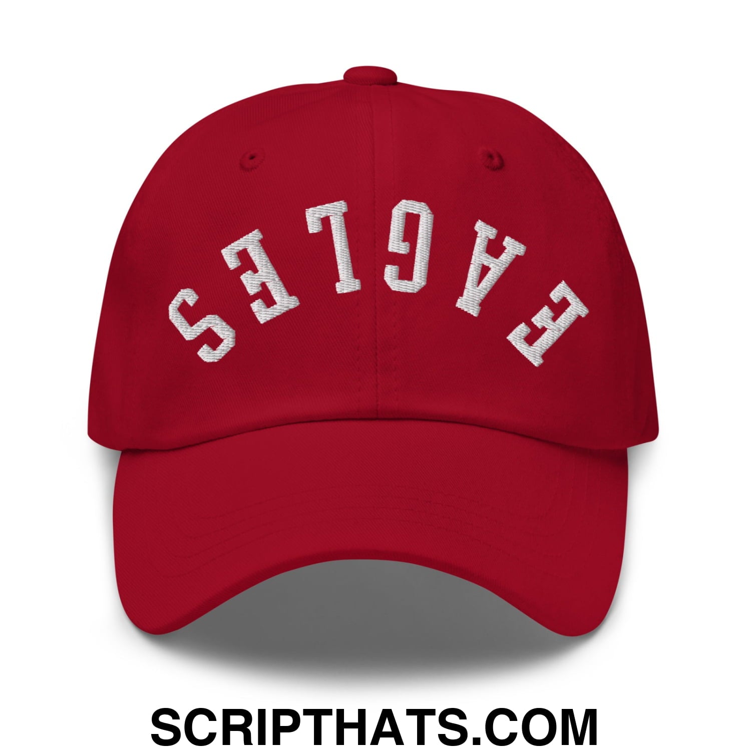 Red unstructured dad hat with white embroidered eagles lettering in an arched design for casual wear