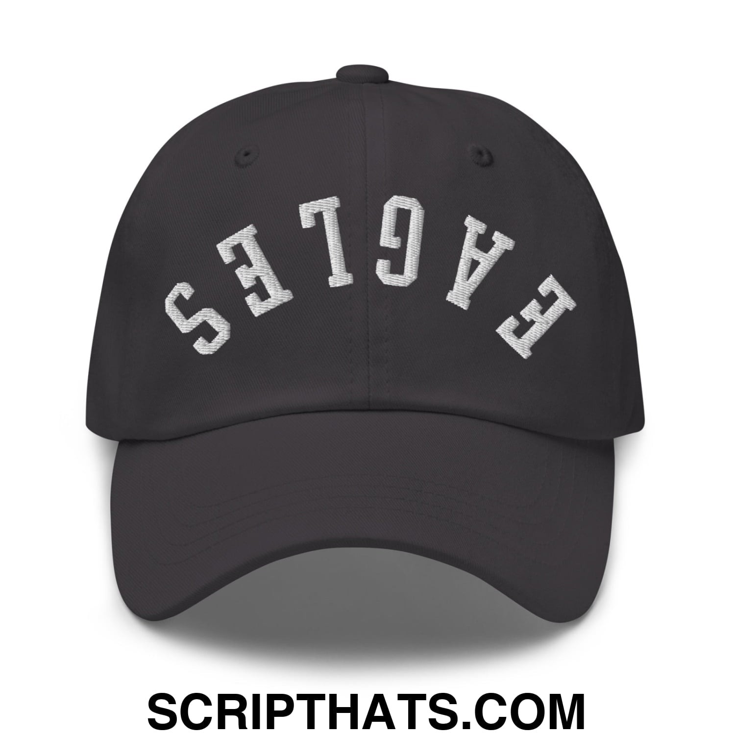 Black unstructured dad hat with white embroidered eagles lettering in an arched design called upside down eagles hat