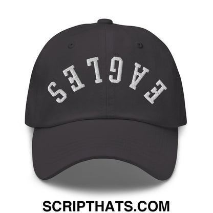 Black unstructured dad hat with white embroidered eagles lettering in an arched design called upside down eagles hat