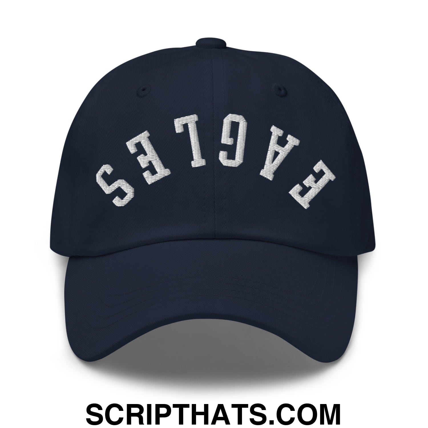 Navy blue unstructured dad hat with white embroidered upside down eagles lettering in an arched design