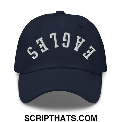 Navy blue unstructured dad hat with white embroidered upside down eagles lettering in an arched design