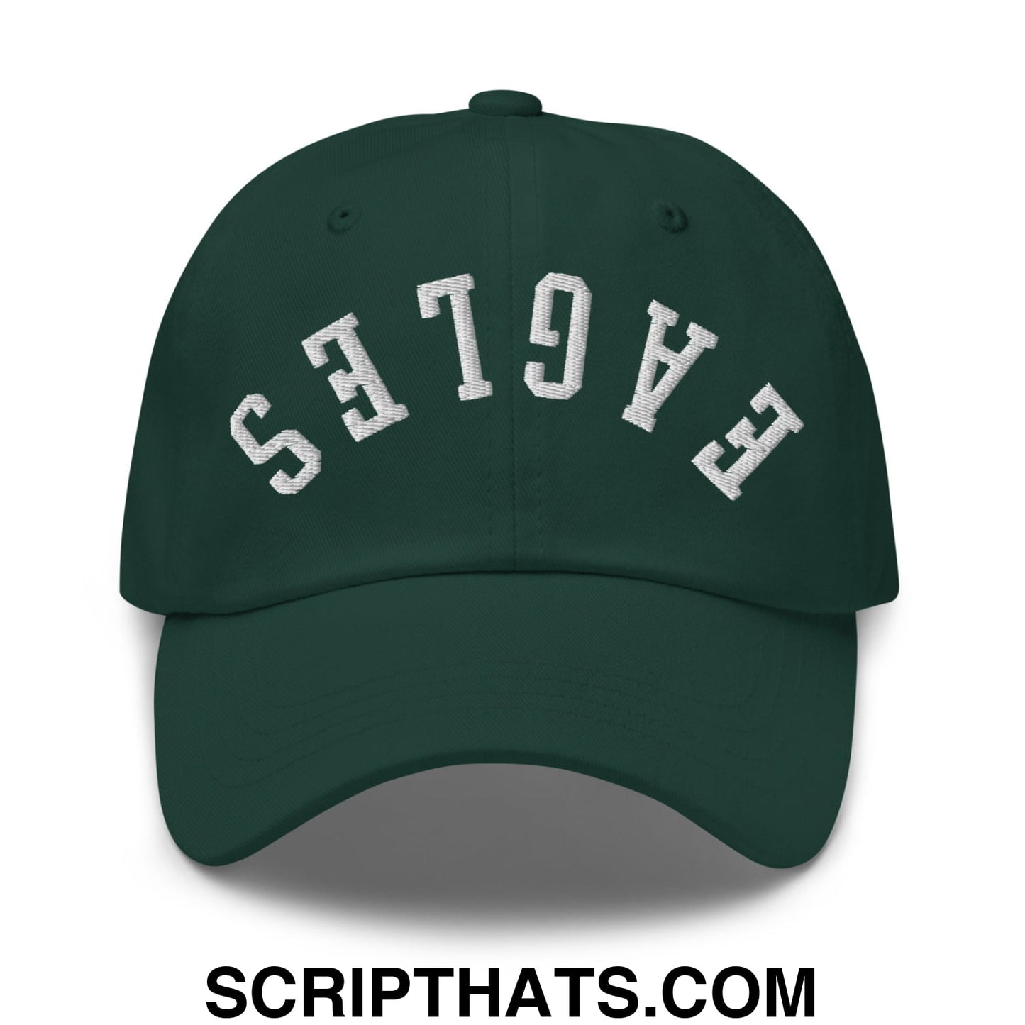 Dark green unstructured dad hat with white embroidered eagles lettering in an arched design