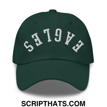 Dark green unstructured dad hat with white embroidered eagles lettering in an arched design