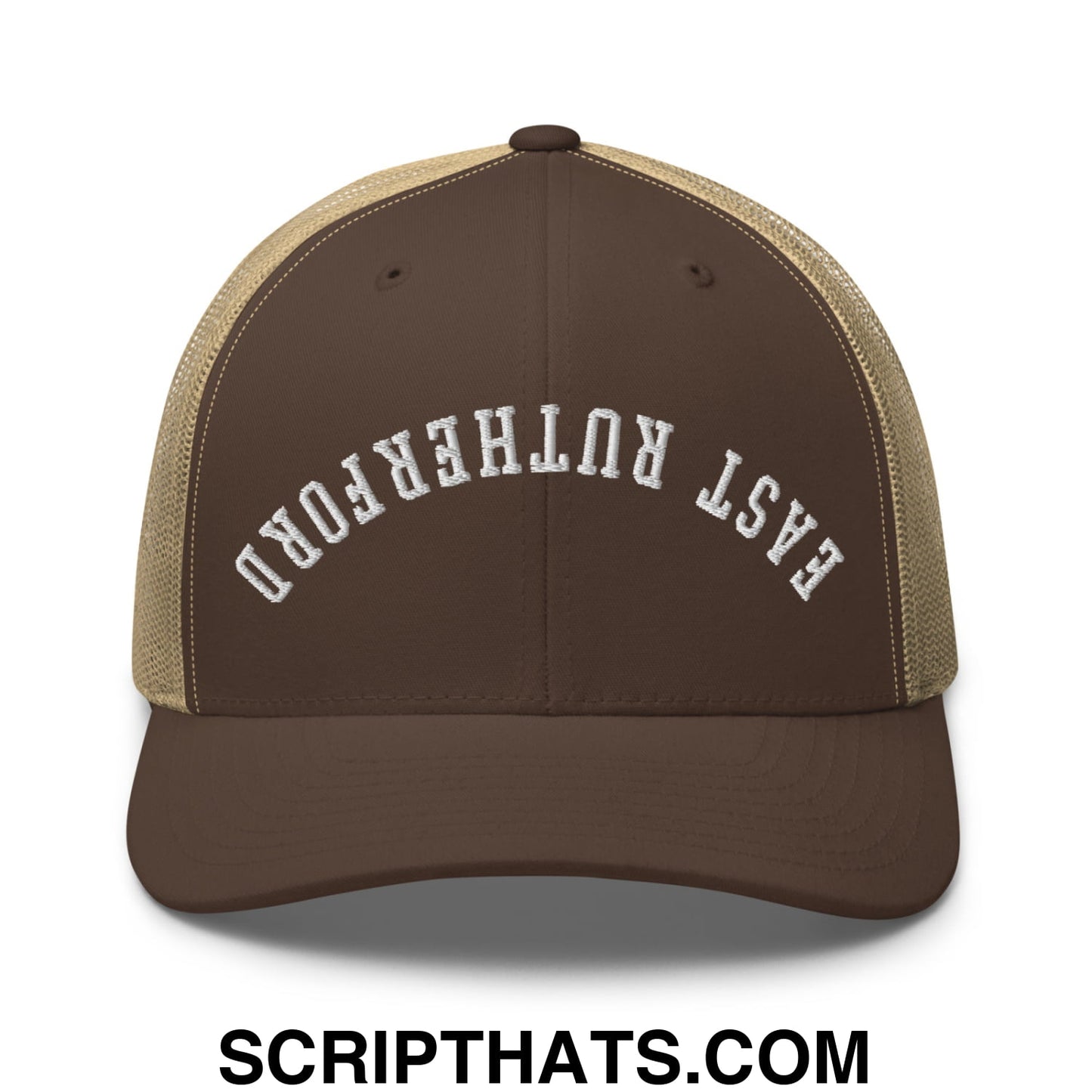 Upside Down East Rutherford Embroidered Mesh Trucker Hat Brown Khaki