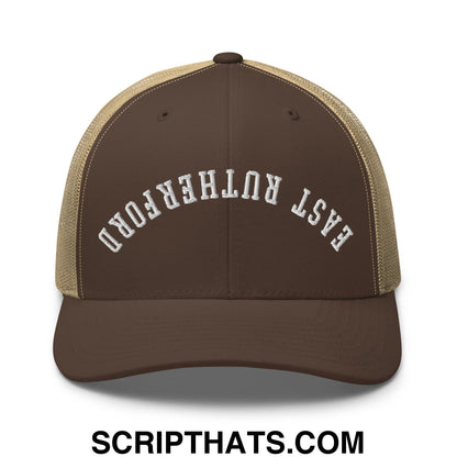 Upside Down East Rutherford Embroidered Mesh Trucker Hat Brown Khaki