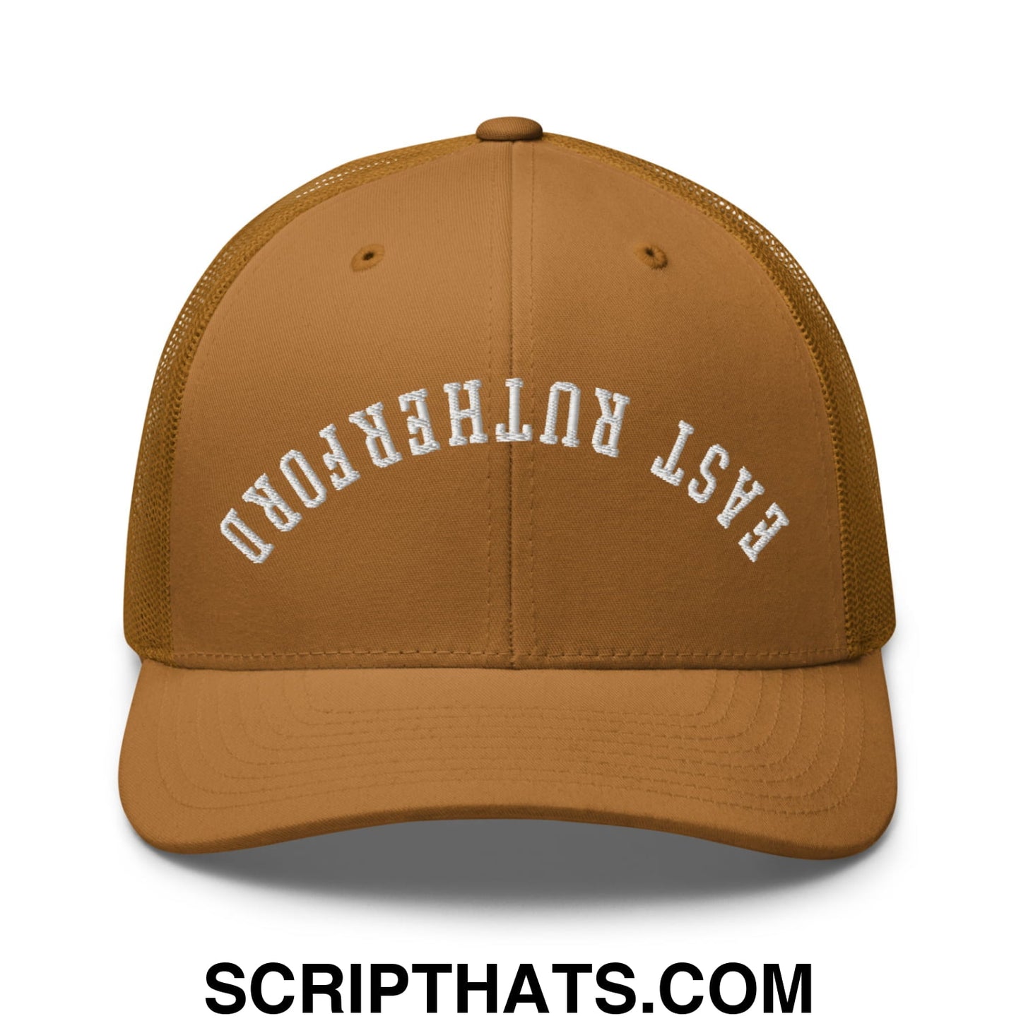 Upside Down East Rutherford Embroidered Mesh Trucker Hat Caramel